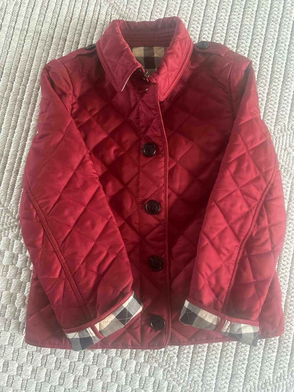 Burberry Red Quilted Kids' Puffer Jacket with Plaid Trim